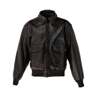 A-2 leather pilot jacket, dark brown front with stand collar and two chest pockets