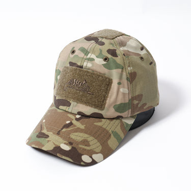 Multicam baseball cap with tan hook-and-loop patch on front