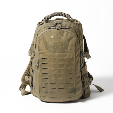 Tan tactical backpack with front ventilation cutouts and side strap attachments