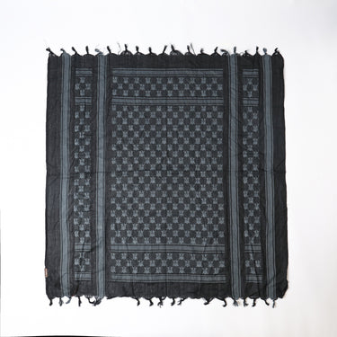 Pentagon Atreus Shemagh scarf, dark patterned panel with border stripes and long fringe