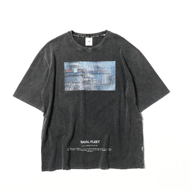 Black graphic crewneck T-shirt with rectangular blue print and "NAVAL FLEET" text