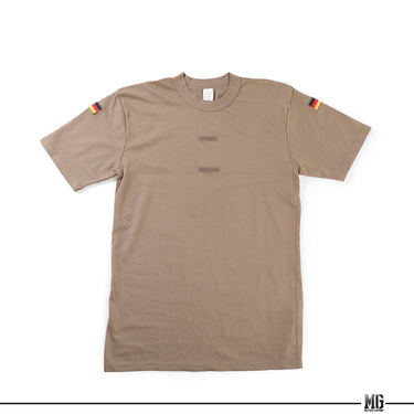 Tan tropical T-shirt front view with small chest print and sleeve flag patches