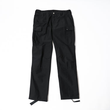 Black BDU-style cargo pants with belt loops, button closure, and multiple flap pockets.