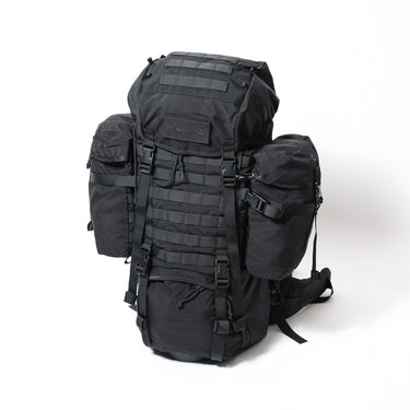Black 65L tactical backpack with MOLLE webbing, side pouches, and compression straps