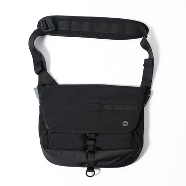 Black side messenger bag with front flap pocket and adjustable shoulder strap