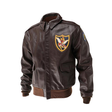 Brown leather bomber jacket with stand collar, front zip, and tiger crest patch