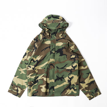 Woodland camo parka with attached hood and full front zipper