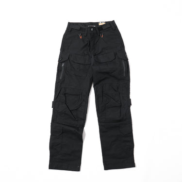 Black tactical cargo pants with drawstring waist and multiple utility pockets