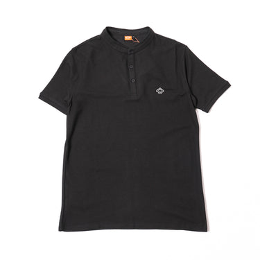Black henley shirt with buttoned placket, short sleeves, small chest logo