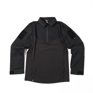 Black tactical long-sleeve shirt with quarter-zip and stand collar, pullover style