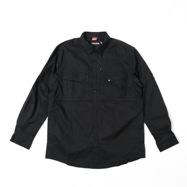 Black tactical long-sleeve shirt with button front and two chest pockets.