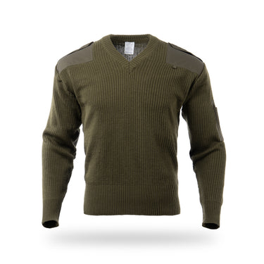 Olive drab wool V-neck pullover with ribbed knit and gray shoulder patches
