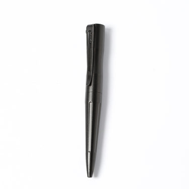 Black tactical bolt-action pen shown upright with pocket clip.