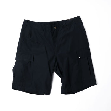 Dark navy BDU cargo shorts with button waist and side cargo pockets