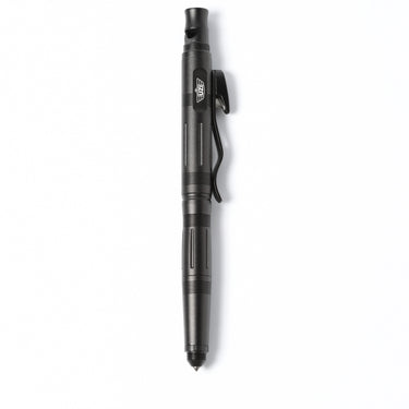 Black tactical defender pen with box-cutter blade, clip and textured grip