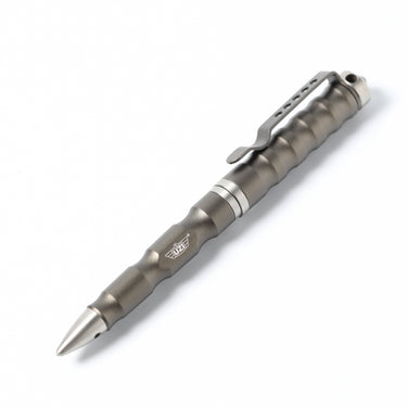 UZI tactical glassbreaker pen, gun metal with pointed tip and slotted striker cap