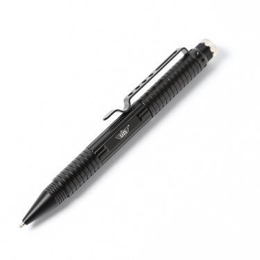 Tactical aluminum defender pen, black with knurled grip and lanyard hole at clip