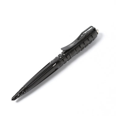 Black tactical pen with glassbreaker and striking point, ridged grip and pocket clip
