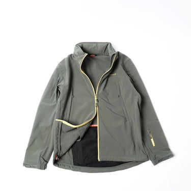 Gray escape jacket with gold zipper, stand collar, and interior mesh lining