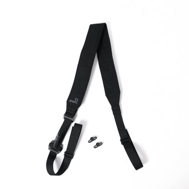 Black rifle sling with padded webbing and metal attachment hardware