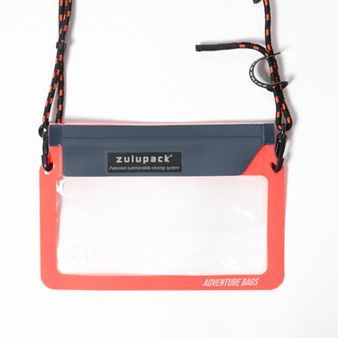 Phone sling pocket in orange and black with clear front window and strap hardware