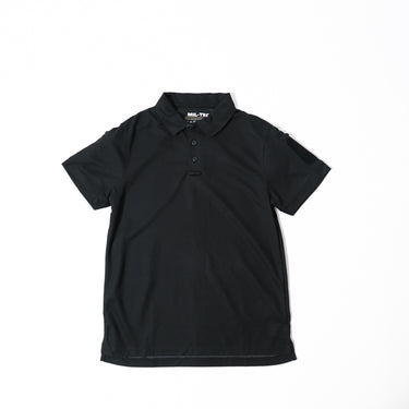 Black tactical quick-dry polo shirt with short sleeves and button placket