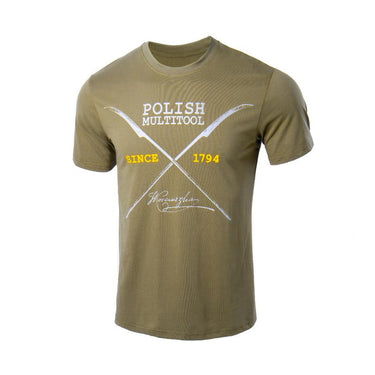 Khaki crew-neck cotton T-shirt with Polish Multitool front graphic