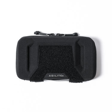 Black fabric phone pouch with zip top and front loop panel with side tabs