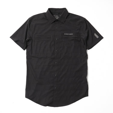 Black short-sleeve ripple button-up shirt with chest pockets and logo patch