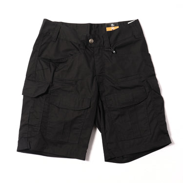 Cargo shorts, black with cargo flap pockets and button waist