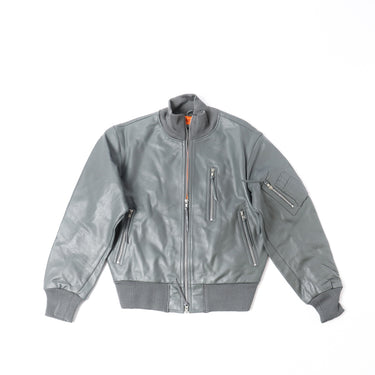 Grey flight leather jacket with stand collar, front zipper, and chest pockets