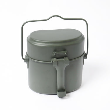 Olive drab mess kit pot with lid, bail handle, and latch front