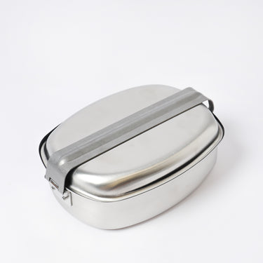 Stainless steel mess kit with hinged lid and carry strap, silver finish