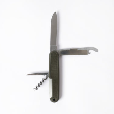 Black pocket knife with textured handle, open blade, tool and corkscrew