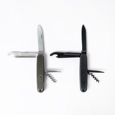 Pocket knife set with olive and black textured handles, blades and corkscrew