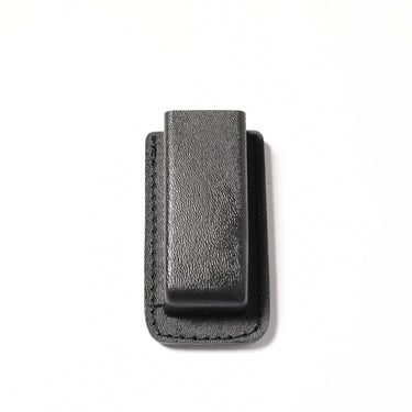 Single magazine pouch in black textured leather, open-top with belt loop