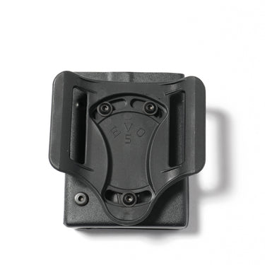 Black single magazine pouch with belt loop, molded polymer shell and retention screws
