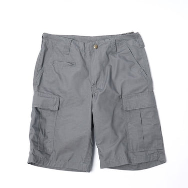 Wolf grey cargo shorts with button waistband and multiple side utility pockets