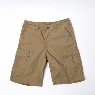 Coyote tan cargo shorts with multiple flap pockets and straight waistband