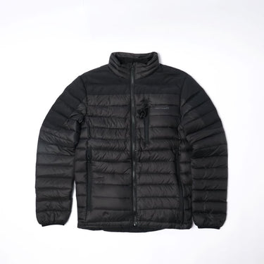 Black puffer down jacket with full-zip front and stand collar