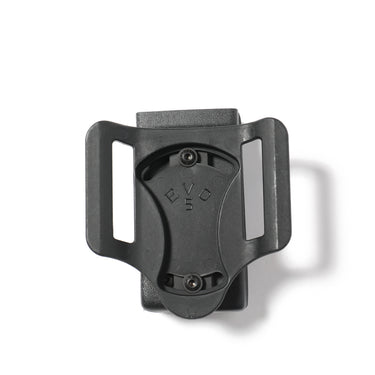 Black single magazine pouch with belt loop, molded plastic and screw hardware