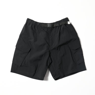 Black cargo shorts with elastic waistband and side flap pockets