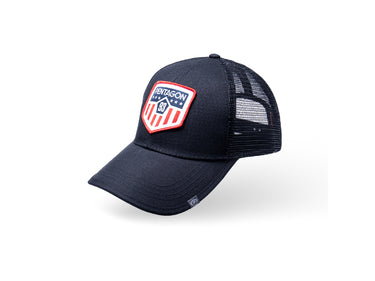 Black trucker cap with front logo patch and black mesh side panels