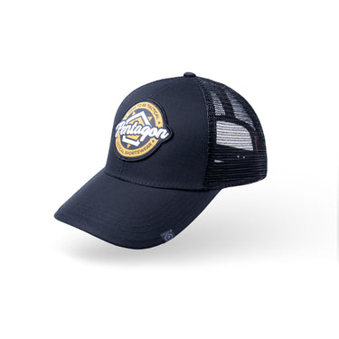Navy-black trucker cap with front logo patch and black mesh side panels