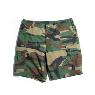 Woodland camouflage BDU cargo shorts with button waistband and front pockets