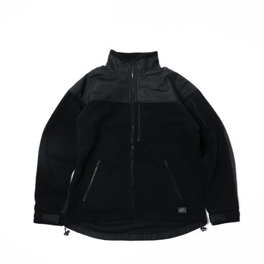 Black fleece jacket with full zip and stand collar, two front zip pockets.