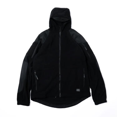 Black fleece jacket with zip front, hood, and side zipper pockets