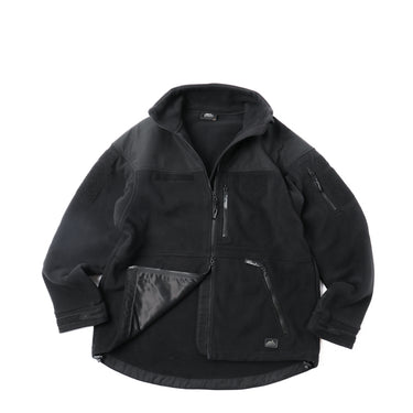 Black double fleece jacket with full zip, stand collar, front pockets and chest zipper