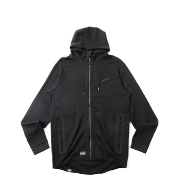 Black hoodie sweater jacket with full zipper, drawstrings, and front utility pockets