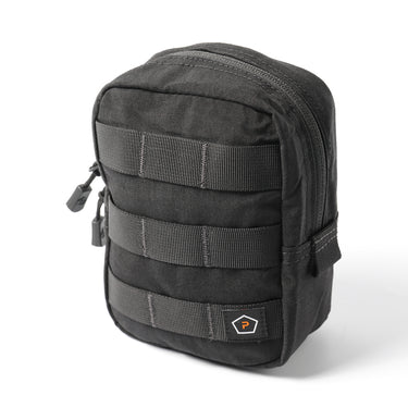 Black utility pouch with top flap, side pulls, and MOLLE webbing panels